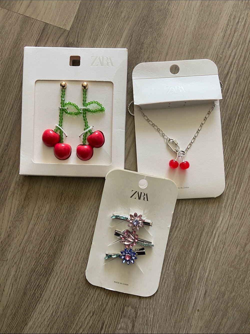 Zara Kids Red Cherry Earrings, Necklace & Floral Hair Clips Set